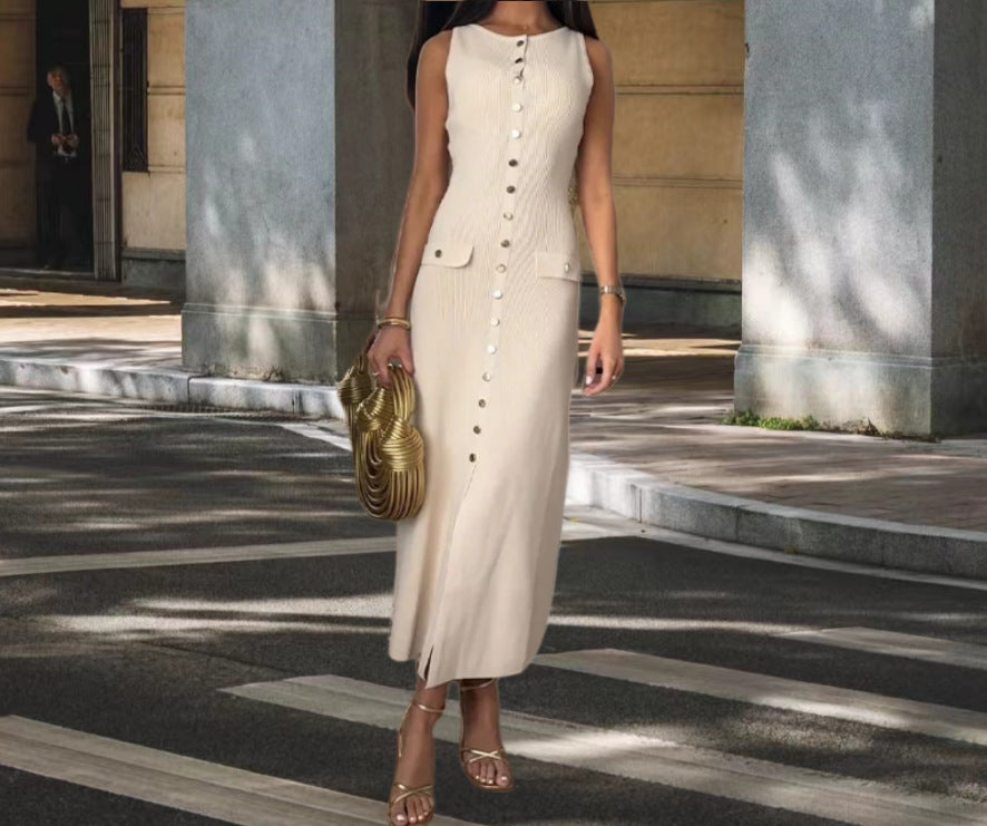Damen Strickmaxikleid mit Knopfleiste und seitlichen Schlitzen Drune