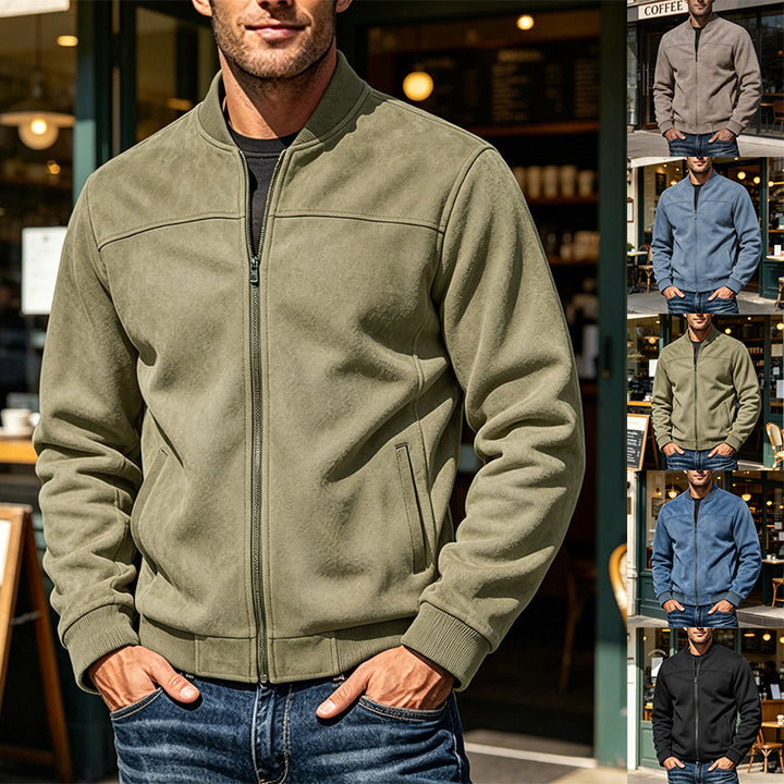Herren Veloursleder-Optik Bomberjacke mit Reißverschluss und Rippbündchen Drune
