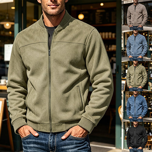 Herren Veloursleder-Optik Bomberjacke mit Reißverschluss und Rippbündchen Drune
