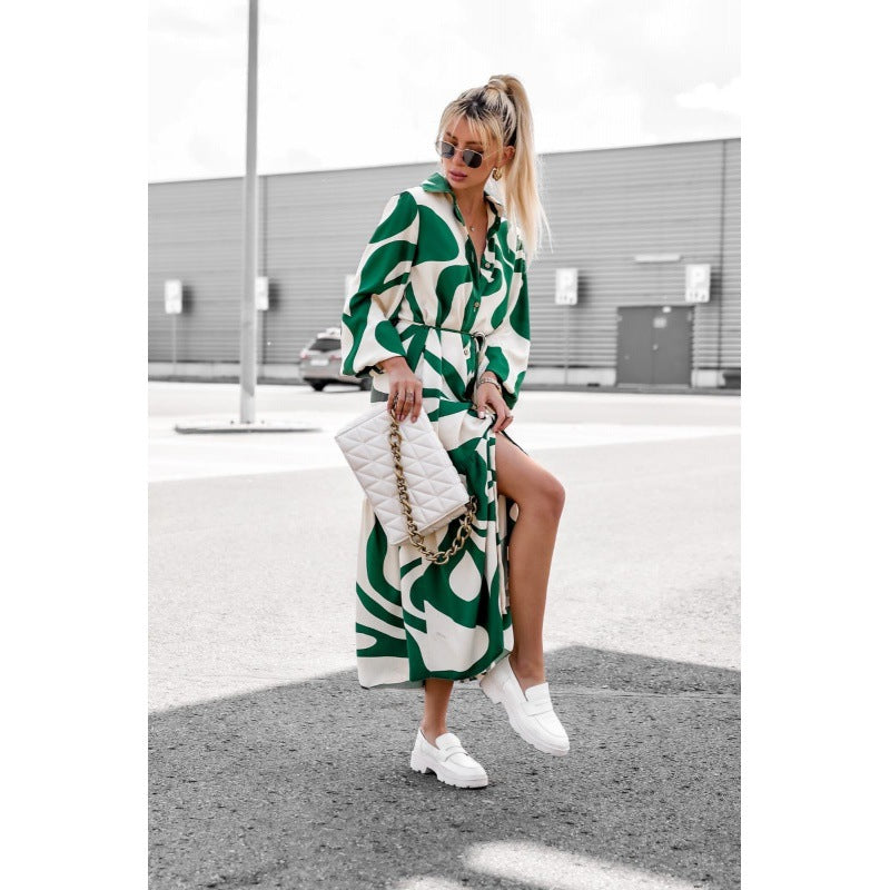 Damen langes Hemdkleid mit modernem Wellenmuster und Taillengürtel Drune