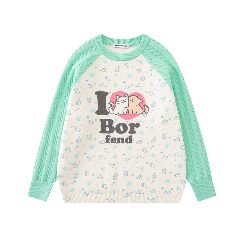 Damen Strickpullover mit Raglanärmeln, Zopfmuster-Ärmeln und Cartoon-Katzenfrontprint Drune