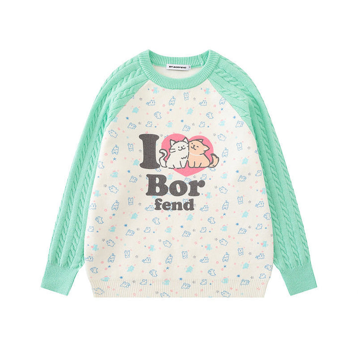 Damen Strickpullover mit Raglanärmeln, Zopfmuster-Ärmeln und Cartoon-Katzenfrontprint Drune