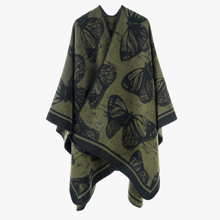 Damen Oversize-Stricküberwurf im Jacquard mit Schmetterlingsmotiv und kontrastierter Saumkante Drune