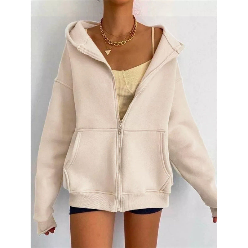 Damen nan oversized Zip-Hoodie mit French-Terry Fleece, Kängurutaschen und verlängerten Ärmelbündchen Drune