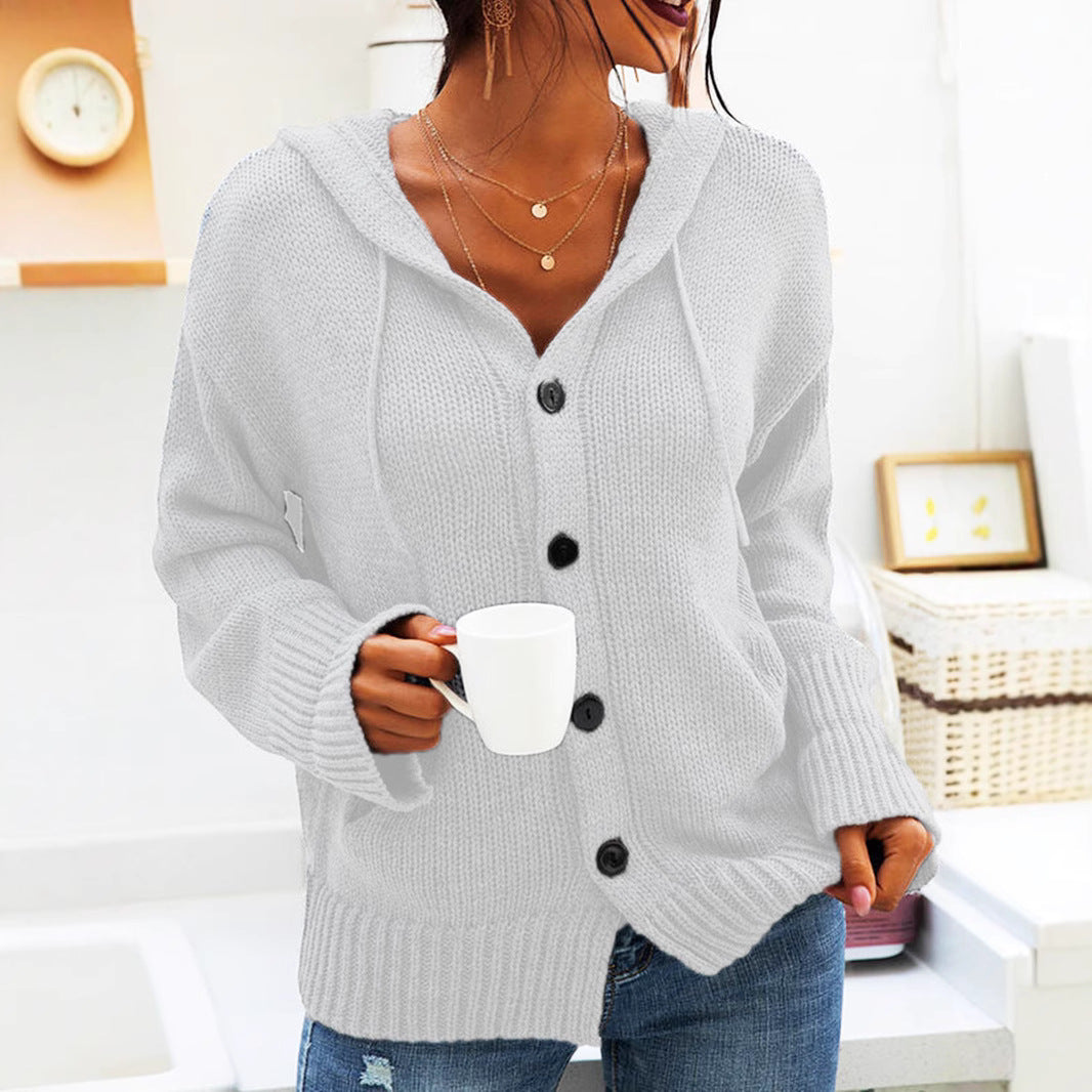 Damen Grobstrickcardigan mit Kapuze und großen Knöpfen Drune