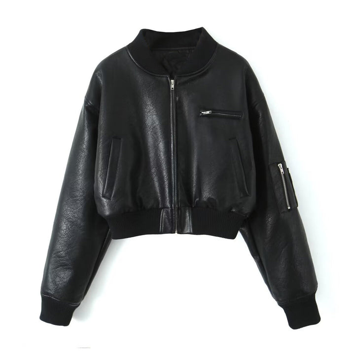 Damen Cropped-Bomberjacke in Vintage-Lederoptik mit Ärmeltasche und breitem Rippbündchen Drune