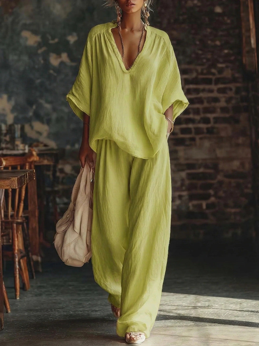 Damen nan lässiges zweiteiliges Leinenoptik-Set mit tiefem V-Ausschnitt, Oversize-Bluse und weitem Palazzo-Hosen Drune