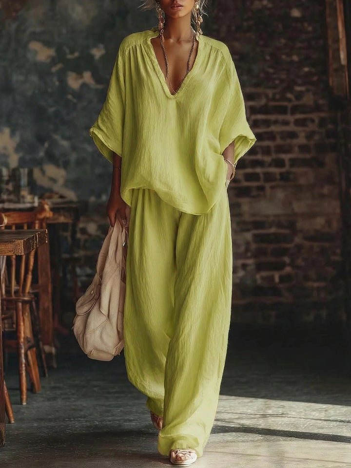 Damen nan lässiges zweiteiliges Leinenoptik-Set mit tiefem V-Ausschnitt, Oversize-Bluse und weitem Palazzo-Hosen Drune