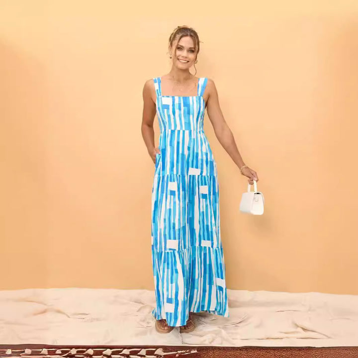 Damen Maxikleid mit verstellbaren Trägern und einzigartigem Streifenmuster Drune