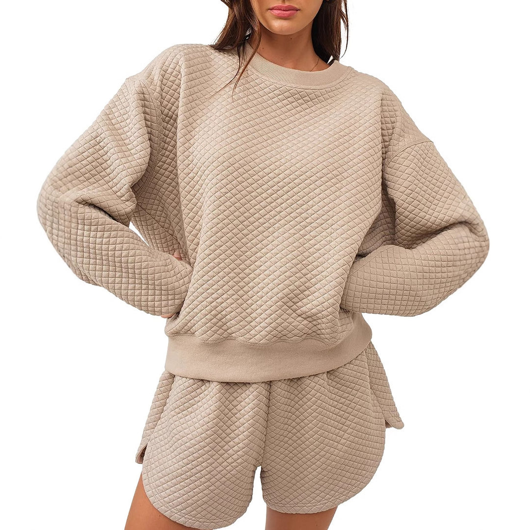 Damen Casual Lounge-Set mit strukturiertem Sweatshirt und Shorts Drune