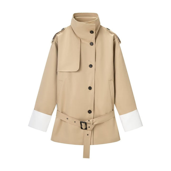 Damen Kurztrenchjacke mit Stehkragen, Taillengürtel und Kontrastmanschetten Drune