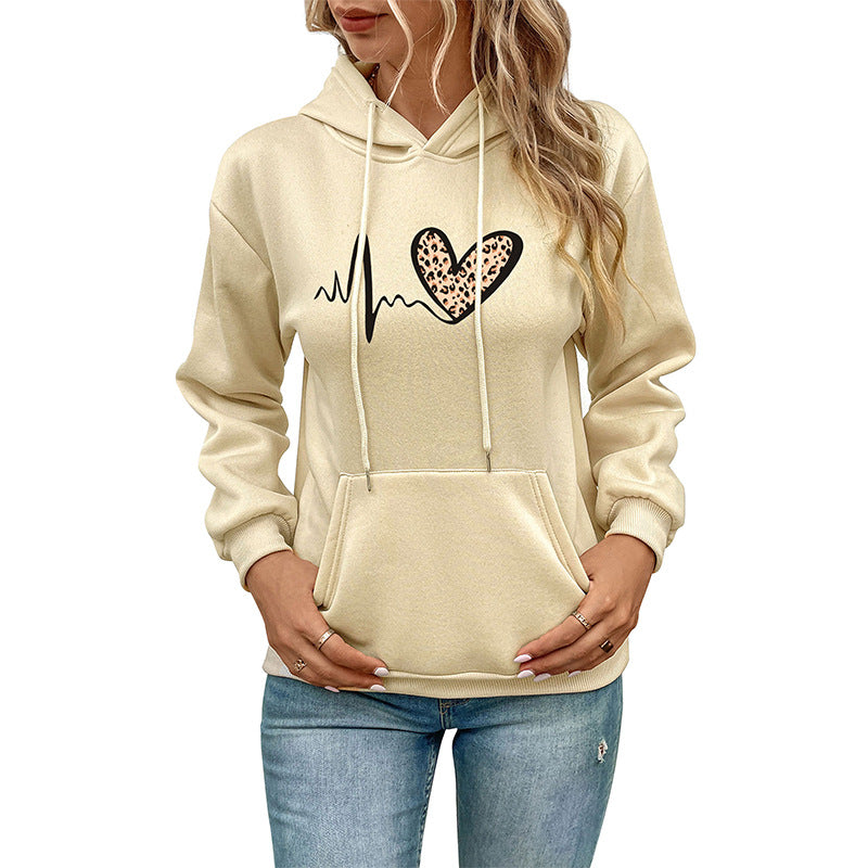 Damen Kapuzenpullover mit Herz‑EKG‑Print, Kängurutasche und lockerer Passform Drune