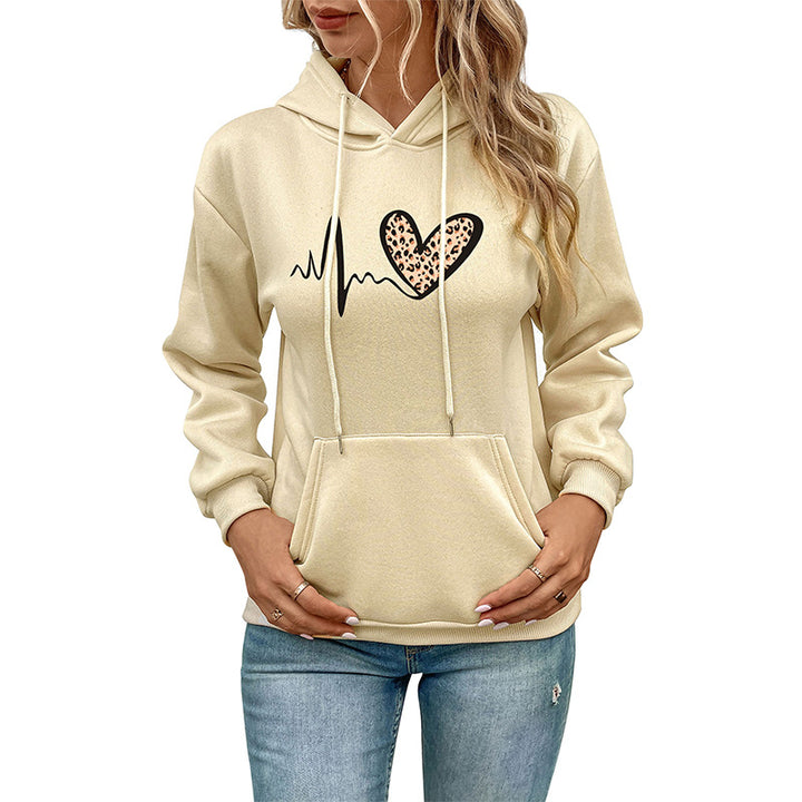 Damen Kapuzenpullover mit Herz‑EKG‑Print, Kängurutasche und lockerer Passform Drune
