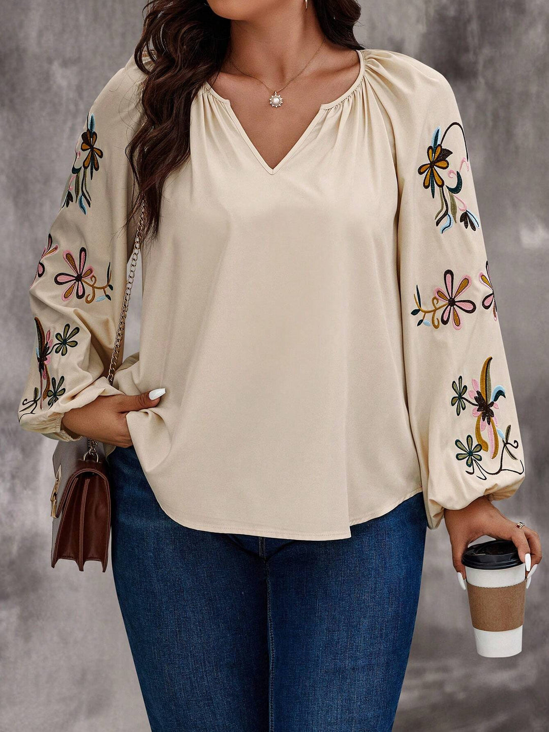 Damen Locker sitzende V-Ausschnitt Bluse mit floraler Stickerei an Ballonärmeln Drune