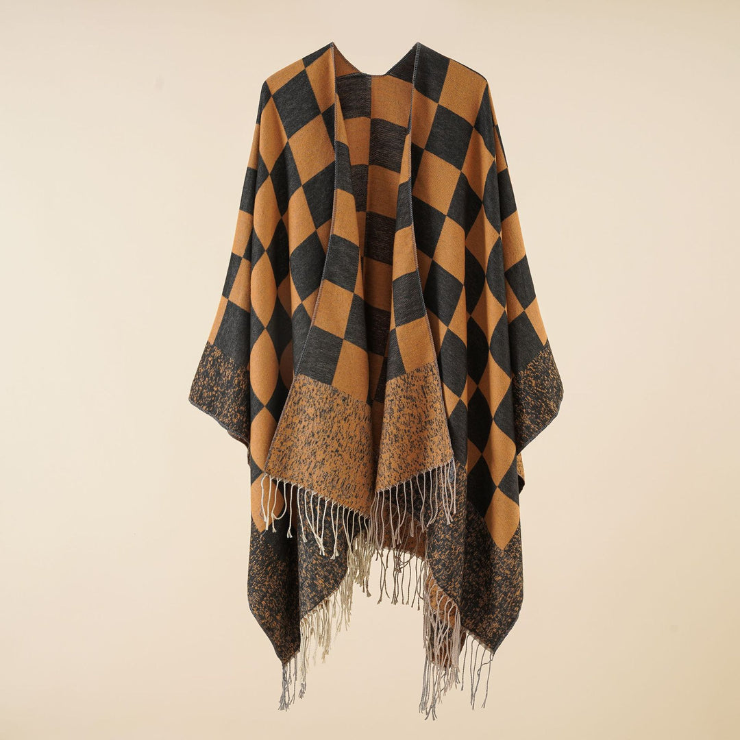 Damen Oversize-Poncho mit Karomuster und Fransen Drune