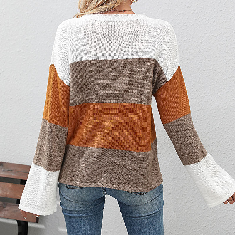 Damen Oversize Farbblock Strickpullover mit Rundhalsausschnitt und langen Ärmeln Drune