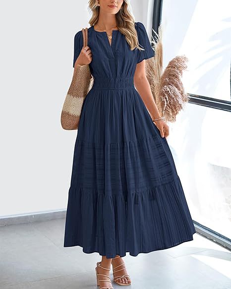 Damen langes Sommerkleid mit elastischem Taillenbund und raffiniertem Faltenwurf Drune