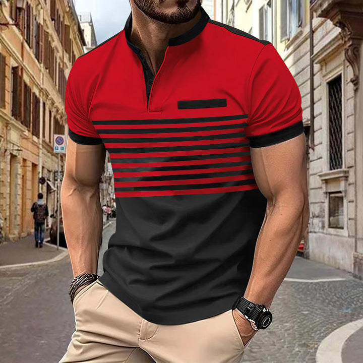 Herren nan kurzärmeliges Streifen-Kurzarmshirt mit Knopfleiste, Stehkragen und Brustpaspel Drune