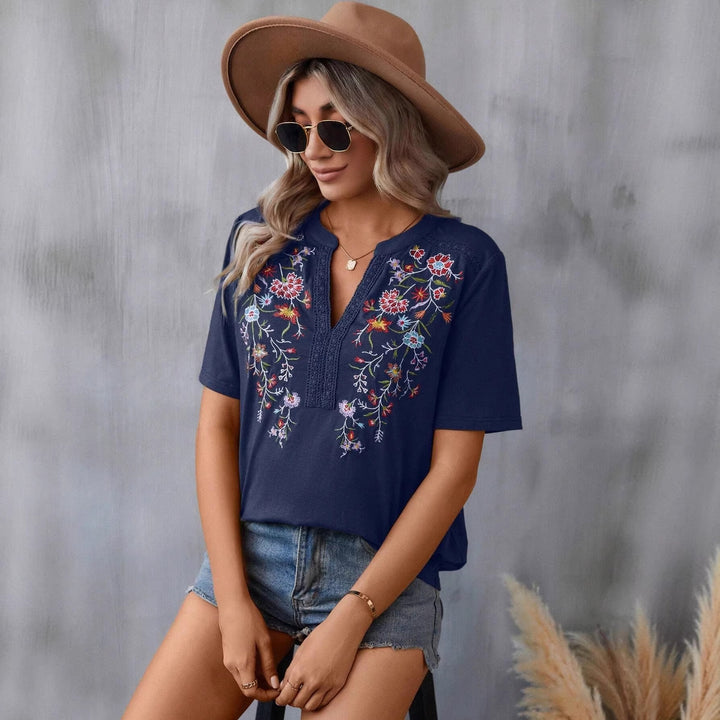 Damen bestickte Boho-Tunika mit tiefem Ausschnitt und Spitzenbesatz Drune