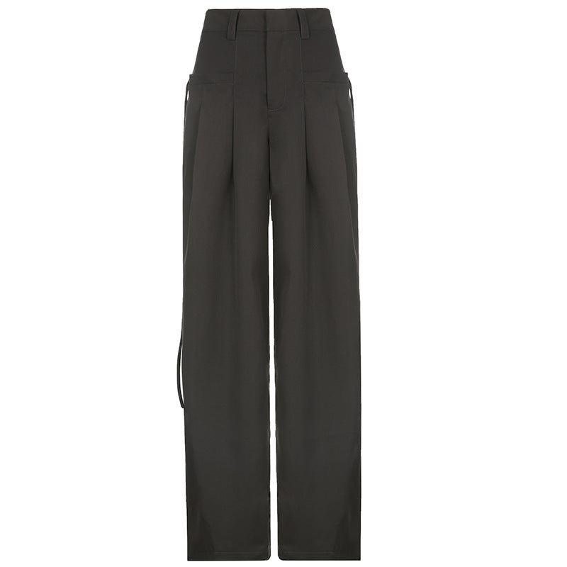 Damen nan hochtaillierte weite Bundfaltenhose mit Cargo‑Details, Gürtelschlaufen und geradem Beinschnitt Drune