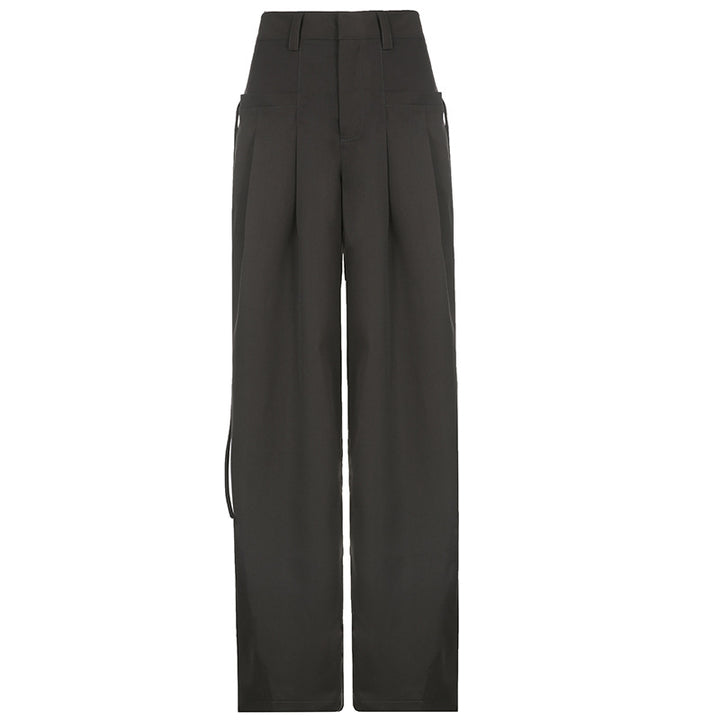 Damen nan hochtaillierte weite Bundfaltenhose mit Cargo‑Details, Gürtelschlaufen und geradem Beinschnitt Drune