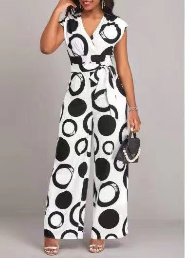Damen Jumpsuit mit modernem Kreismuster und Taillengürtel Drune