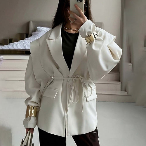 Damen nan taillierter Blazer mit Bindegürtel und Oversize-Ärmeln Drune