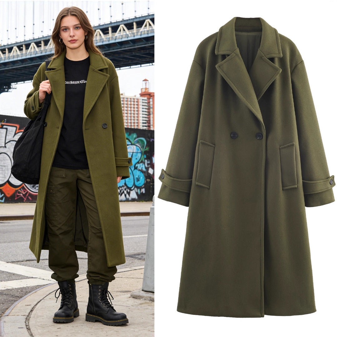 Damen Oversize Wollmix-Mantel mit Doppelreiher, breitem Revers und Ärmelriegel Drune