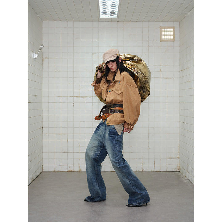 Damen Kurz geschnittene Wildleder‑Optik Blousonjacke mit Western‑Yoke und Nietenapplikation Drune