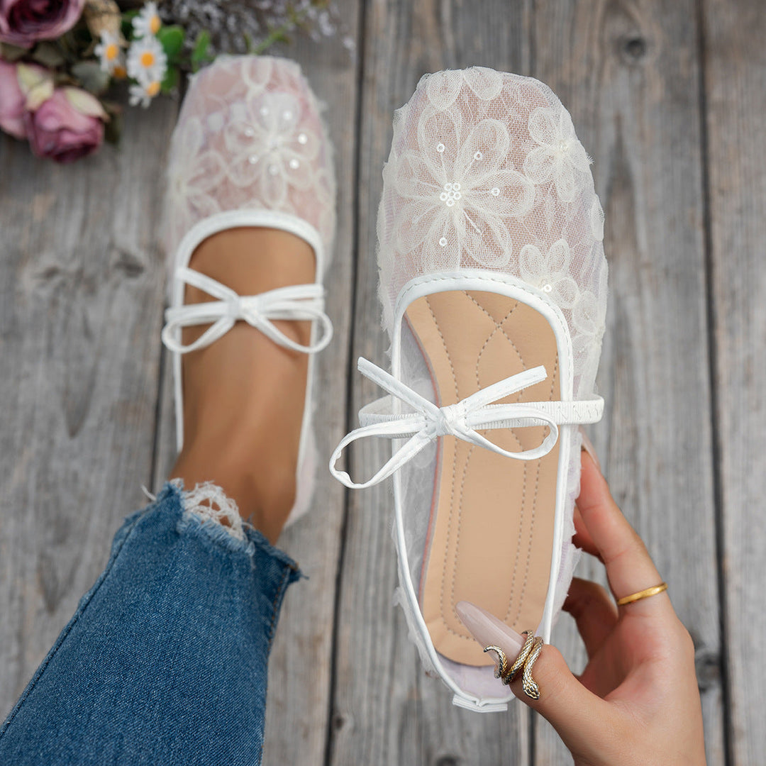 Damen Elegante Spitzenschuhe mit dekorativen Schleifen und funkelnden Akzenten Drune