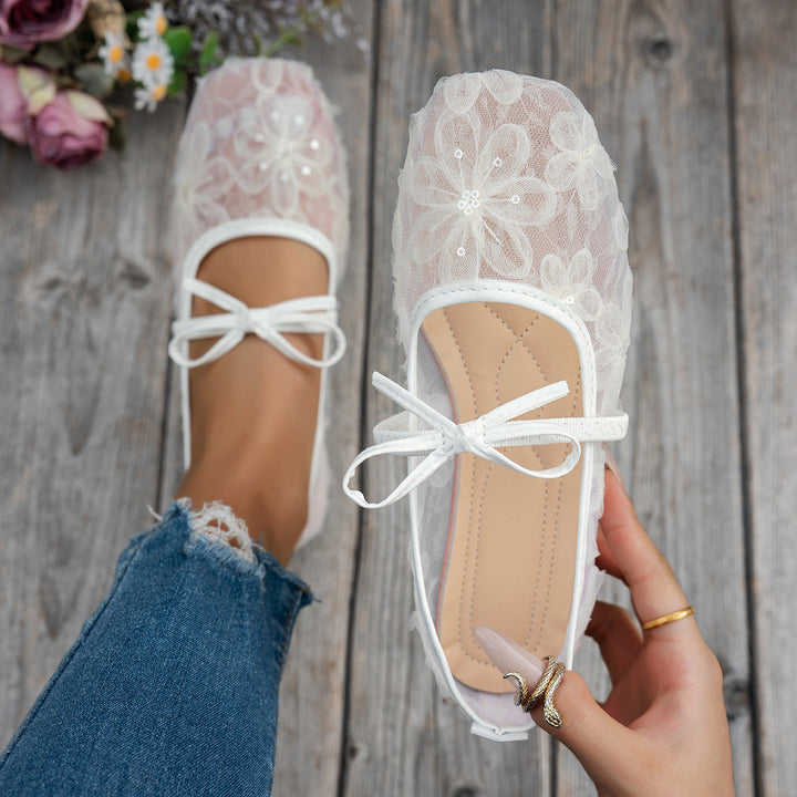 Damen Elegante Spitzenschuhe mit dekorativen Schleifen und funkelnden Akzenten Drune
