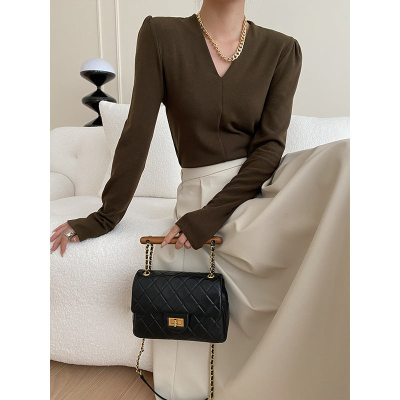 Damen elegantes V-Ausschnitt Oberteil mit minimalistischen Puffärmeln Drune