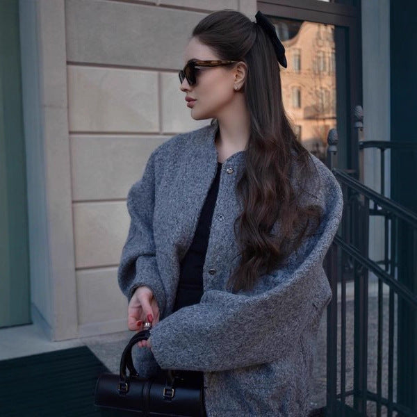 Damen Oversized Strickjacke aus weichem Teddystoff mit Stehkragen und seitlichen Taschen Drune