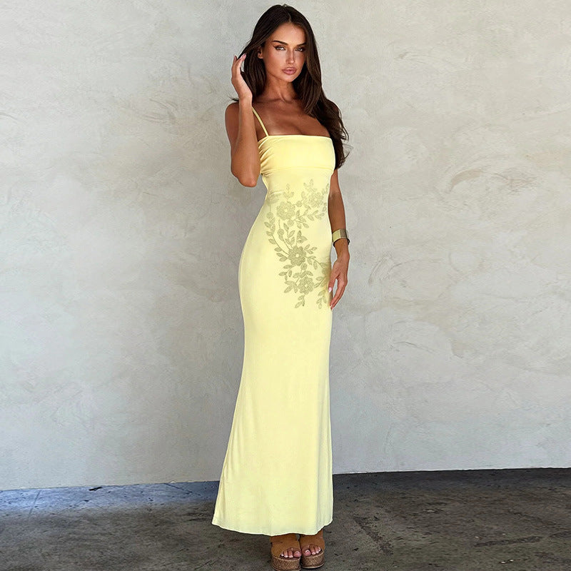 Damen Elegantes Maxikleid mit feiner Floralbordüre und Spaghettiträgern Drune