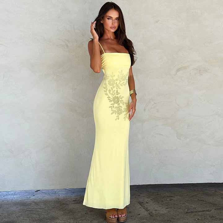Damen Elegantes Maxikleid mit feiner Floralbordüre und Spaghettiträgern Drune