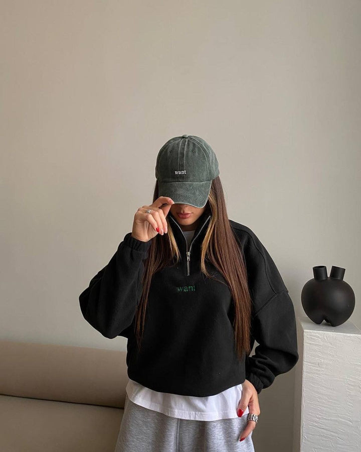 Damen Fleece-Halbzip-Sweatshirt oversized mit Stehkragen, Kängurutasche-Optik und elastischen Bündchen Drune