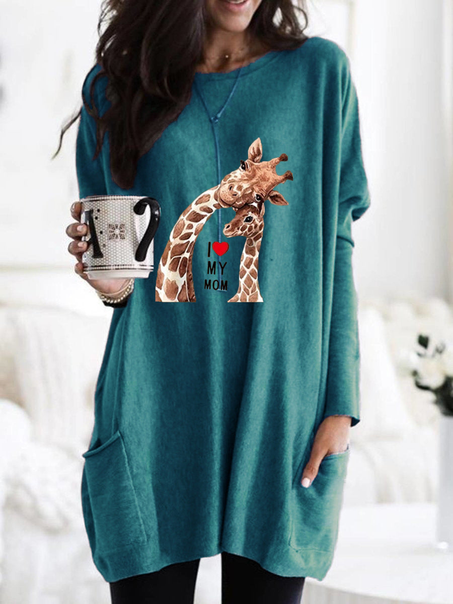 Frauen Übergroße Sweatkleid mit Giraffenmuster, Rundhalsausschnitt und Seitentaschen Drune