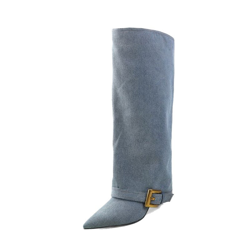 Damen Schafthohe Slouch‑Stiefel mit spitzer Zehenform, schmalem Absatz und Zierschnallenmanschette Drune