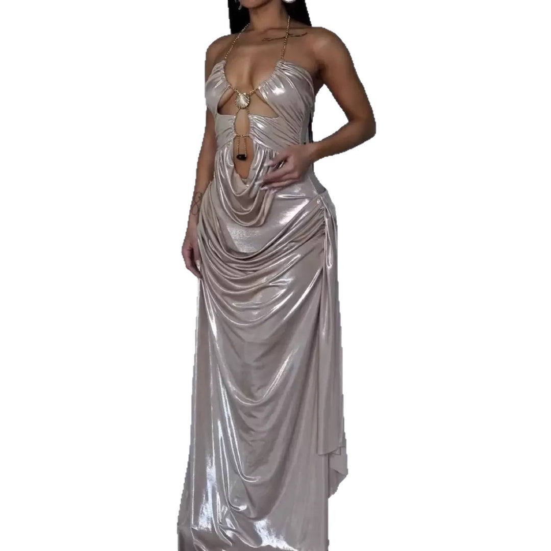 Damen Glamouröses Maxi-Kleid mit tiefem V-Ausschnitt und eleganten Drapierungen Drune