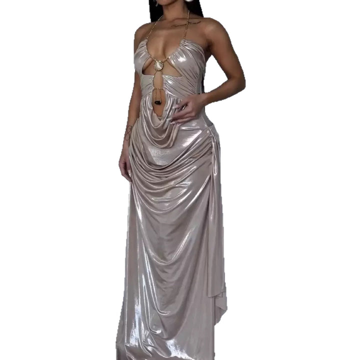 Damen Glamouröses Maxi-Kleid mit tiefem V-Ausschnitt und eleganten Drapierungen Drune