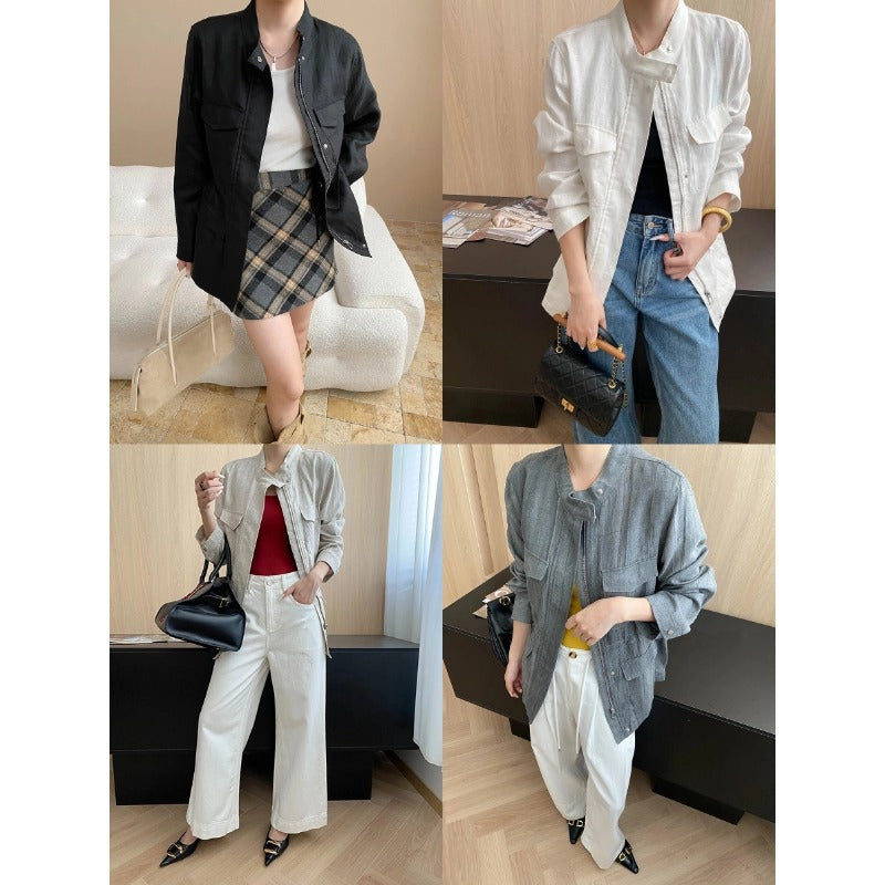 Damen lässige Utility-Jacke mit hohen Taschen und runder Nahtverarbeitung Drune