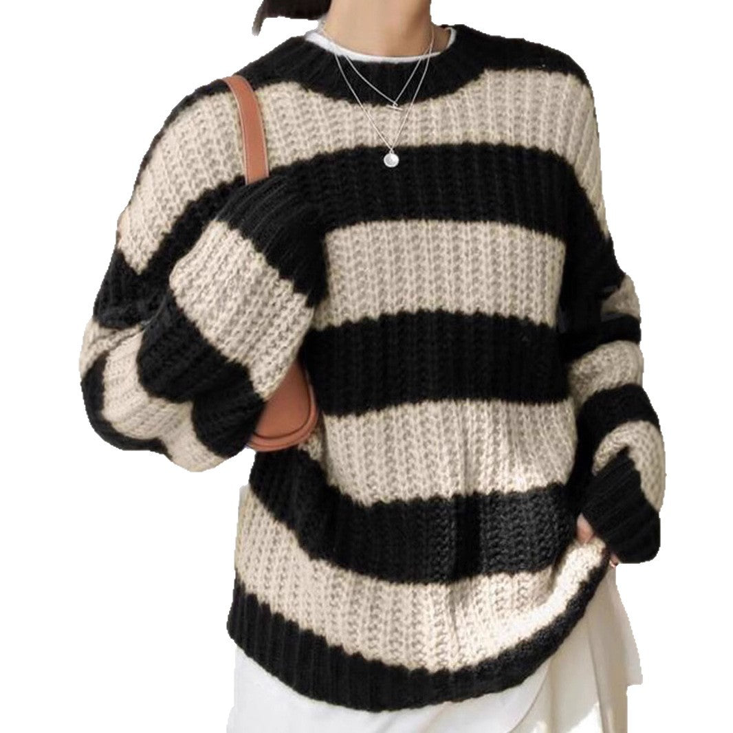 Damen modischer Strickpullover mit breiten Streifen und lockerer Passform Drune