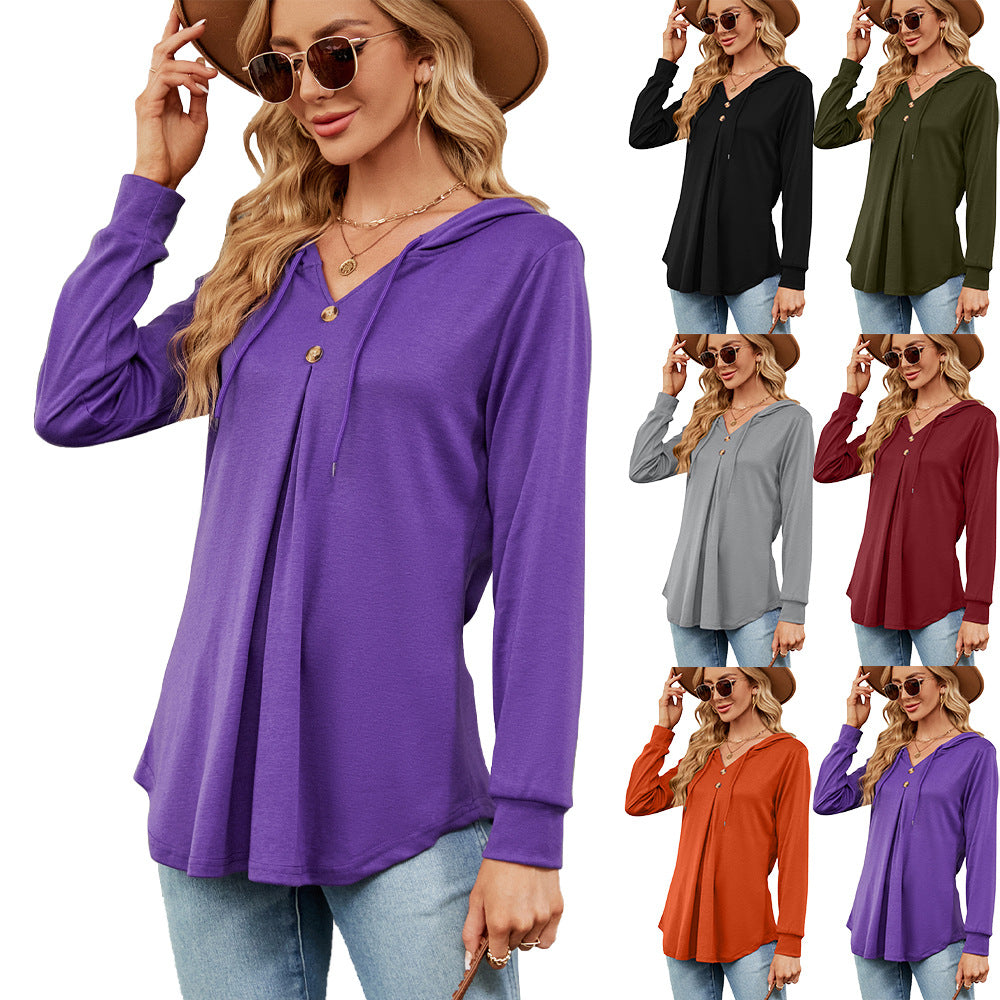 Damen Viskose Hoodie mit Knopfleiste und asymmetrischem Saum Drune
