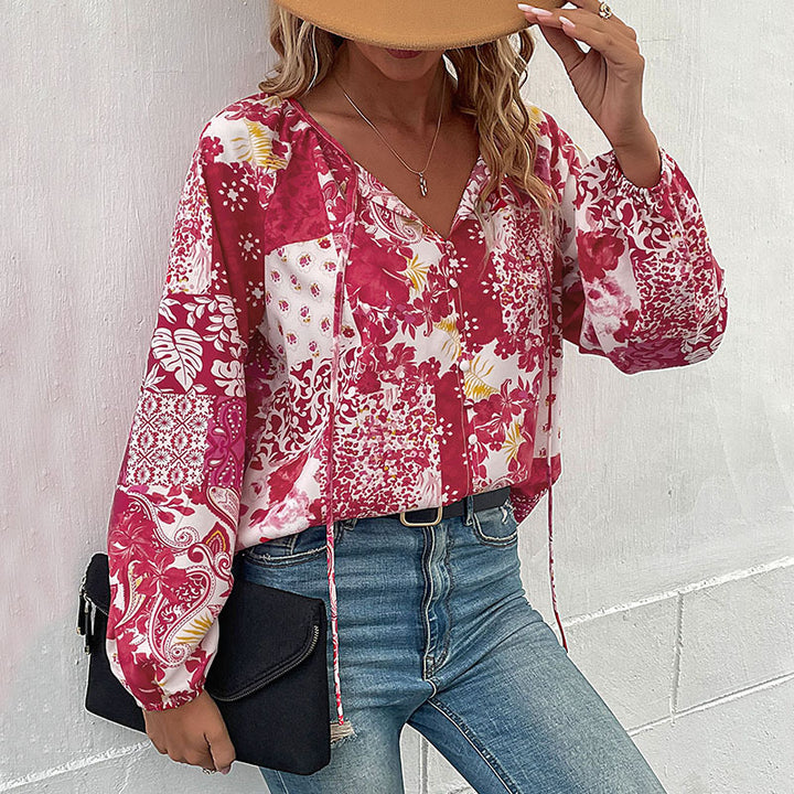 Damen Patchwork-Bluse mit V-Ausschnitt, BindDruneändern und Ballonärmeln Drune