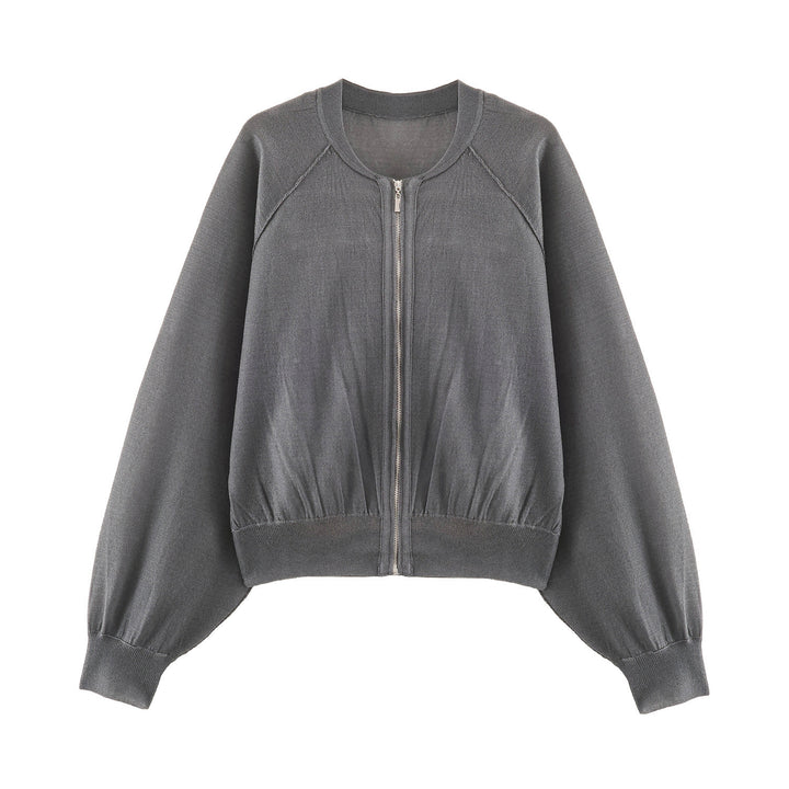 Damen Leichter Strick‑Bomber mit Reißverschluss, Ballonärmeln und gerafftem Saum Drune