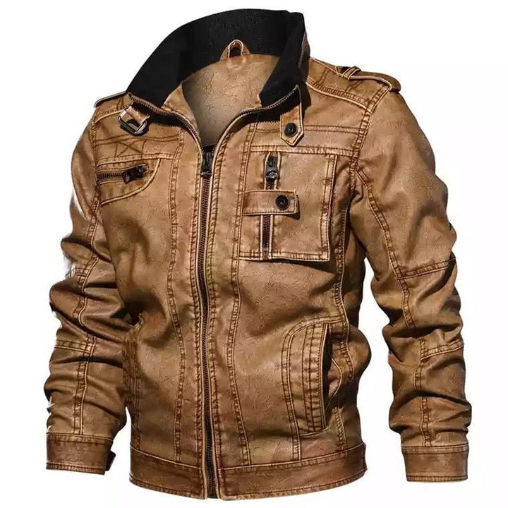 Herren Lässige Kunstleder-Bikerjacke mit Stehkragen, Reißverschluss-Front und Utility-Taschen Drune