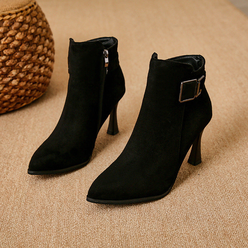 Damen Elegante Ankle Boots mit Hohem Absatz und Schnallen-Detail Drune