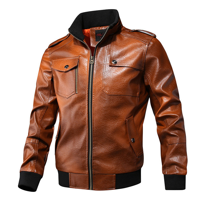 Herren Kunstleder-Flightjacke mit Brust- und Reißverschlusstaschen, Stehkragen und Rippbündchen Drune