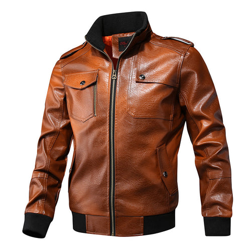 Herren Kunstleder-Flightjacke mit Brust- und Reißverschlusstaschen, Stehkragen und Rippbündchen Drune