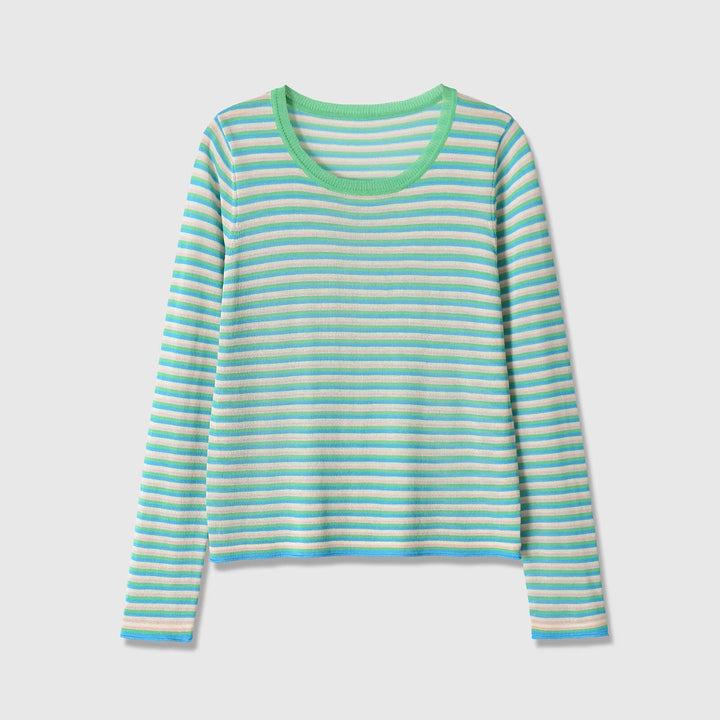 Damen Gestreiftes Feinstrick-Longsleeve mit Rundhalsausschnitt und Cropped-Boxy-Schnitt Drune